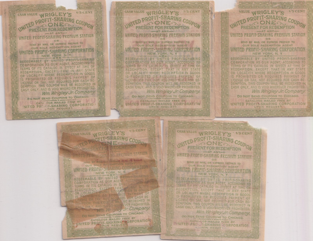 1920's 5 Wrigley's Gum Wrapper Obsoletes
