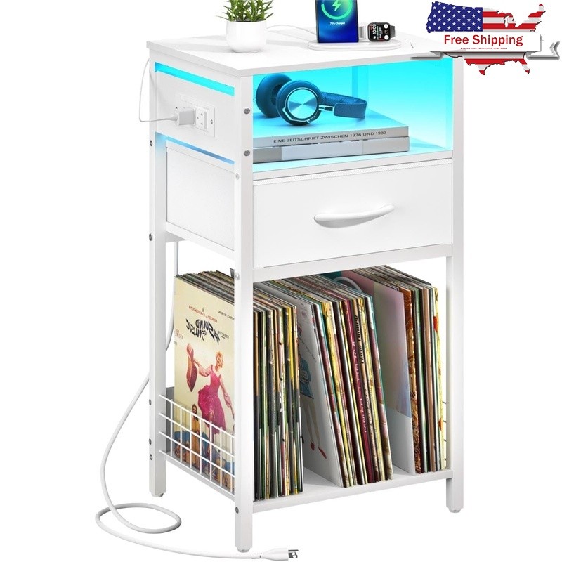 LED Nightstand Charging Station Record Storage Multifunctional Side Table New