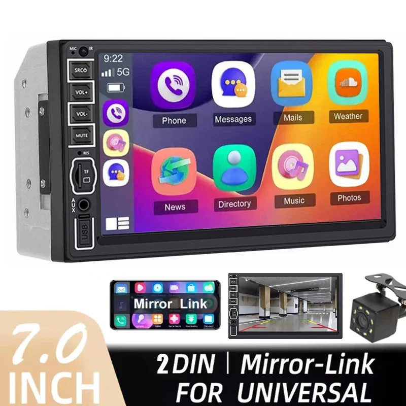 7" Double 2 DIN Car Stereo Radio MP5 Touch Screen Bluetooth FM + Rear Camera//