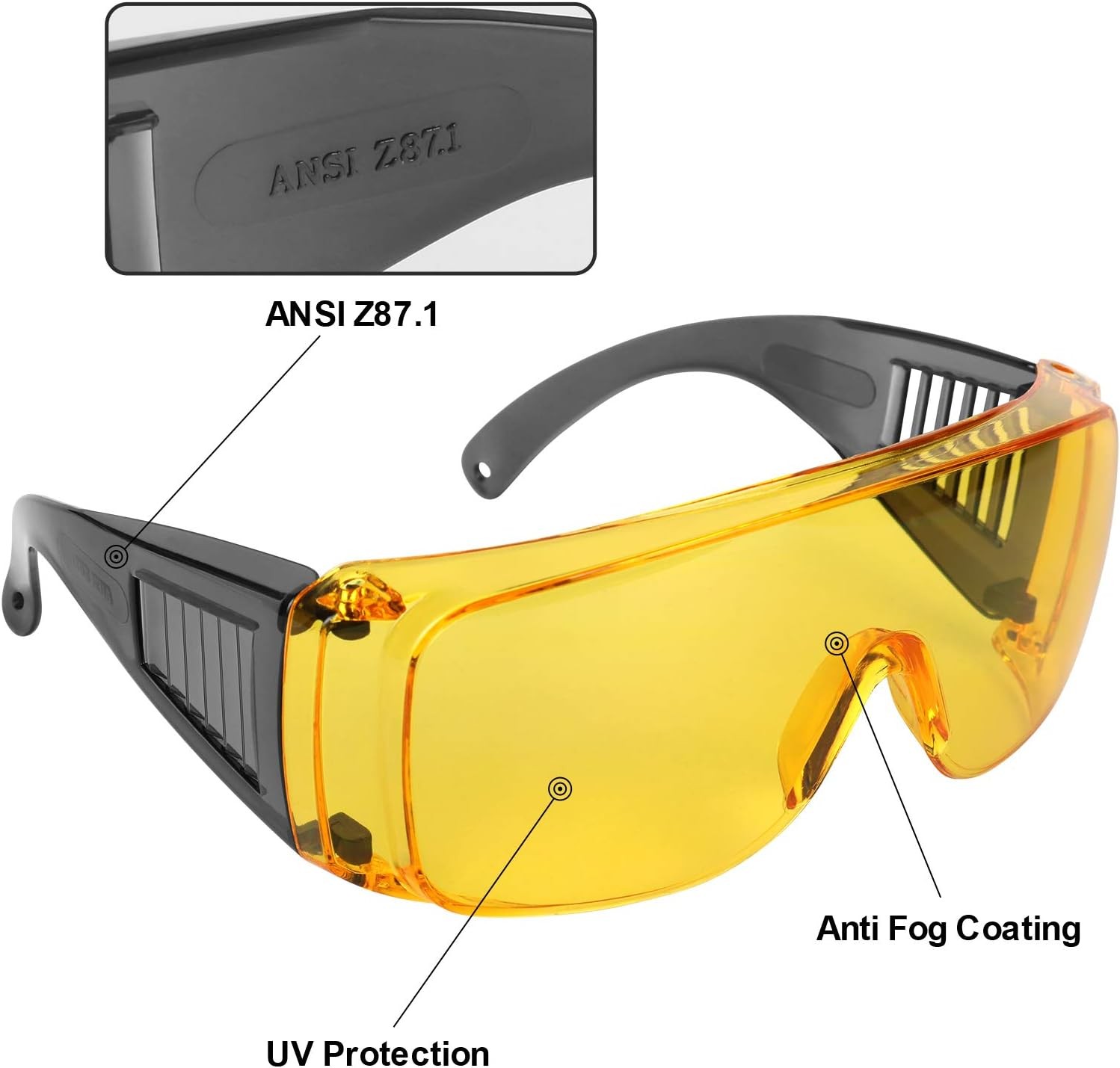 Shooting Glasses Over Eyeglasses, AntiFog Safety Yellow Lens