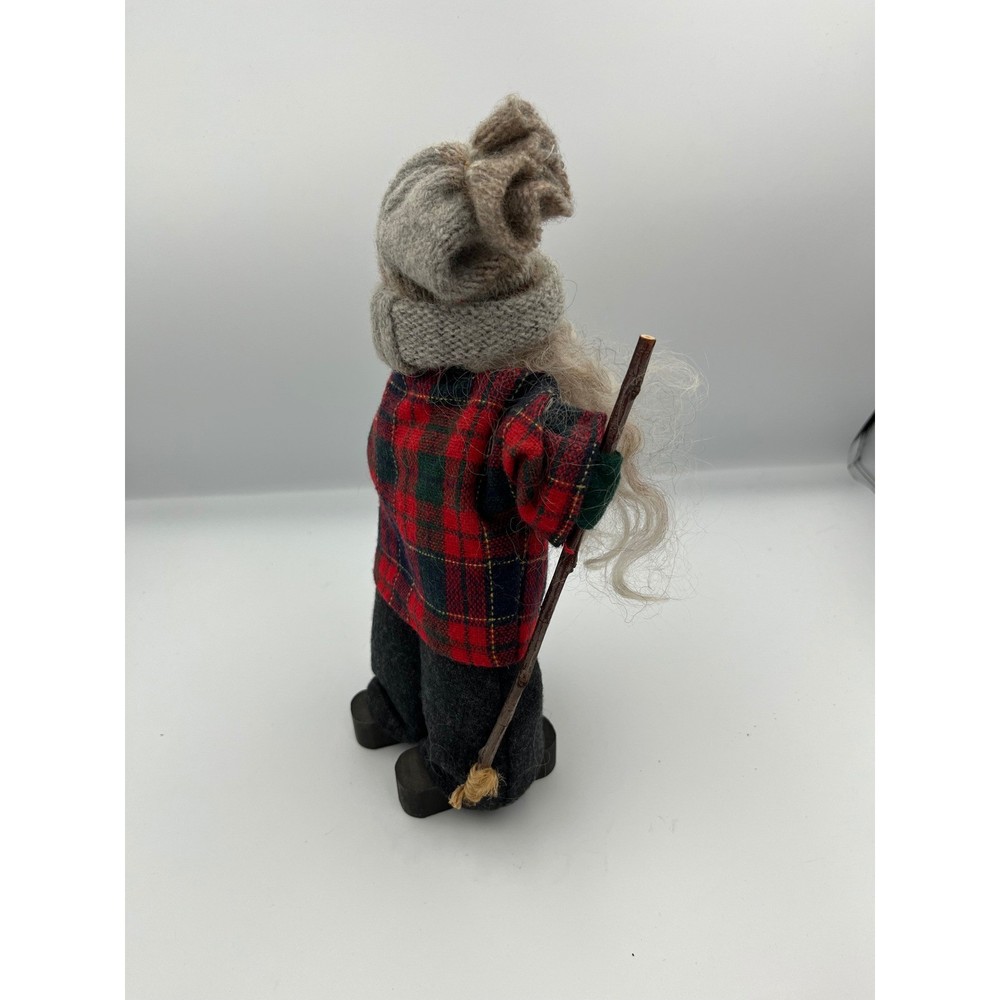 Whimsical Gnome Figurine Rustic Plaid Hat Stick Decor