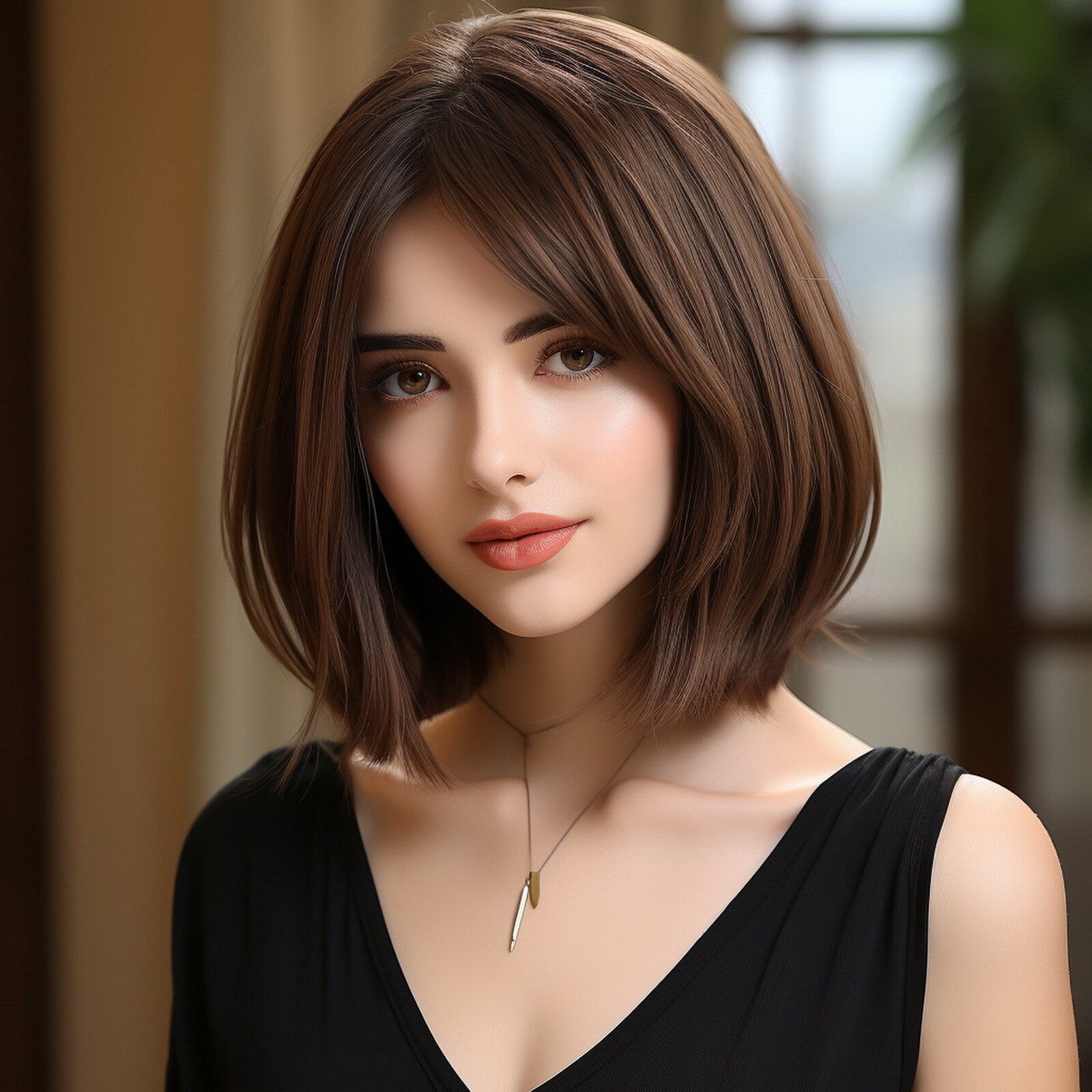 Short Dark Brown Synthetic Wig Shoulder Length Womens Daily Wear Hairpiece