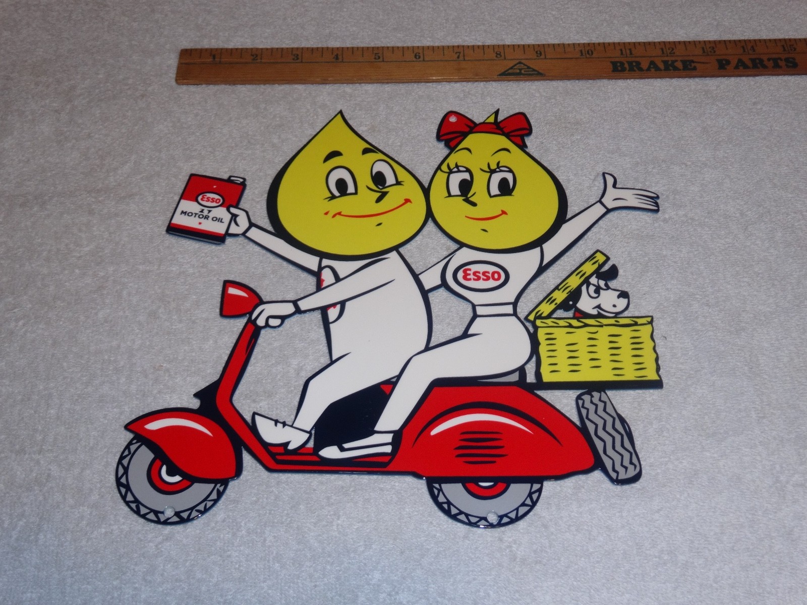 VINTAGE ESSO OIL DROP BOY & GIRL ON VESPA SCOOTER W/ DOG 12" METAL GASOLINE SIGN