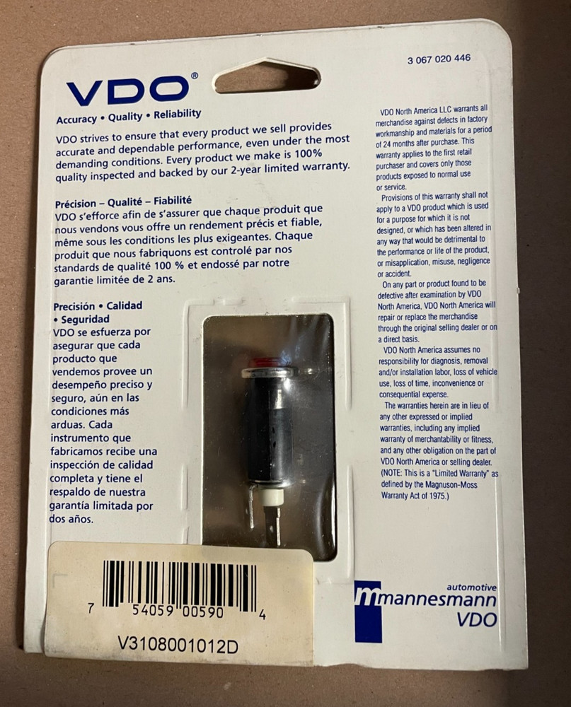 VDO Warning Light, Red, Part # 600-844, 600-844D