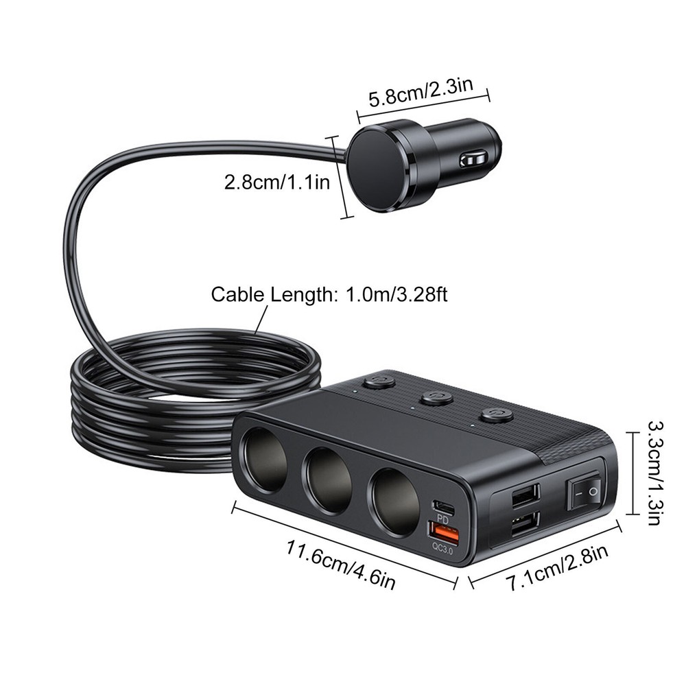 3Way Car Cigarette Lighter Socket Splitter USB Fast Charger Power Adapter 12-24V