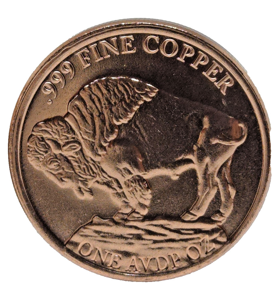 1 Oz. Solid .999 Fine Copper Round -Buffalo Nickel Design