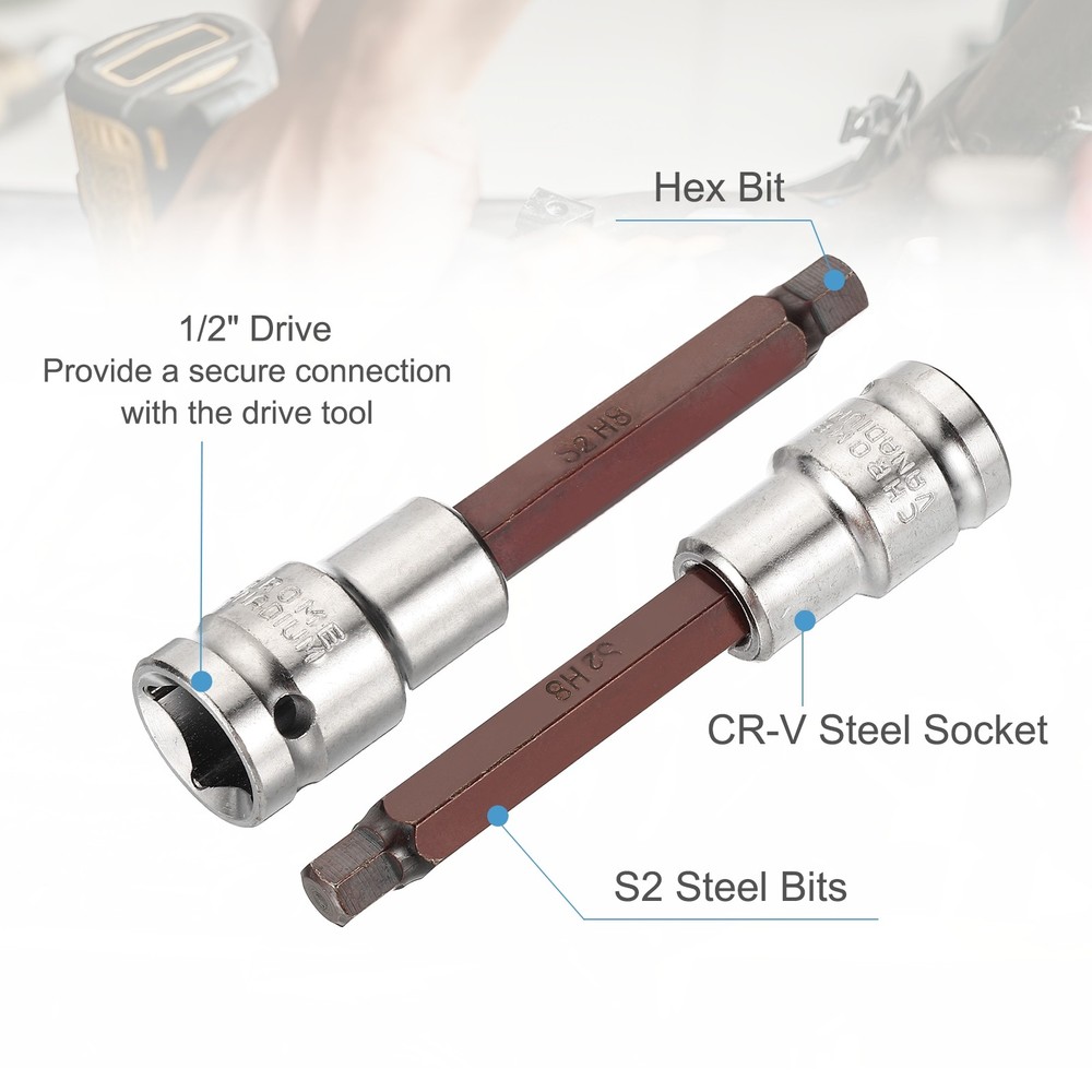 Hex Bit Socket H8 1/2" Drive 4" Length S2 Steel Long Bit CR-V Socket