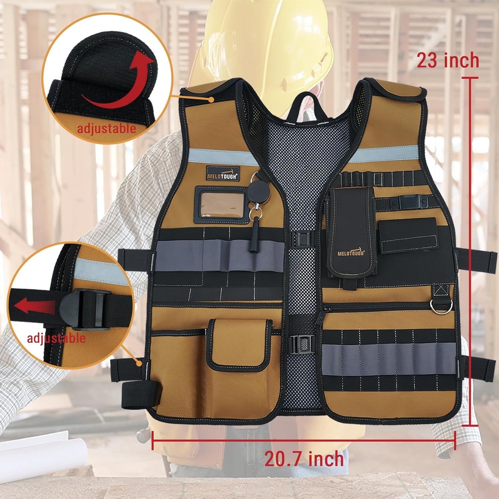 Adjustable Tool Vest with Pockets, Removable Phone Holder, High Visibility