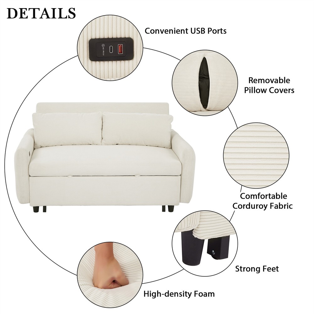 Convertible Sleeper Sofa Bed Loveseat Sofa Couch w/ Pull Out Bed & USB Ports