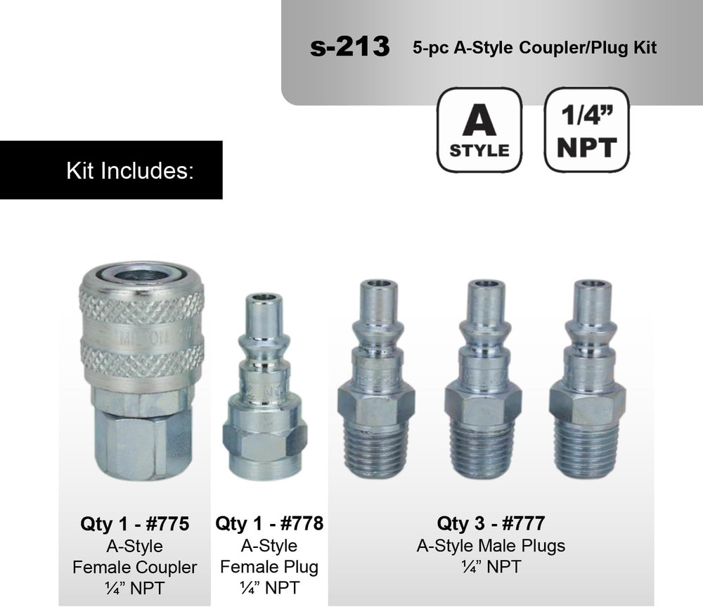S-213 1/4" NPT a Style Coupler and Plug Kit - 5 Piece