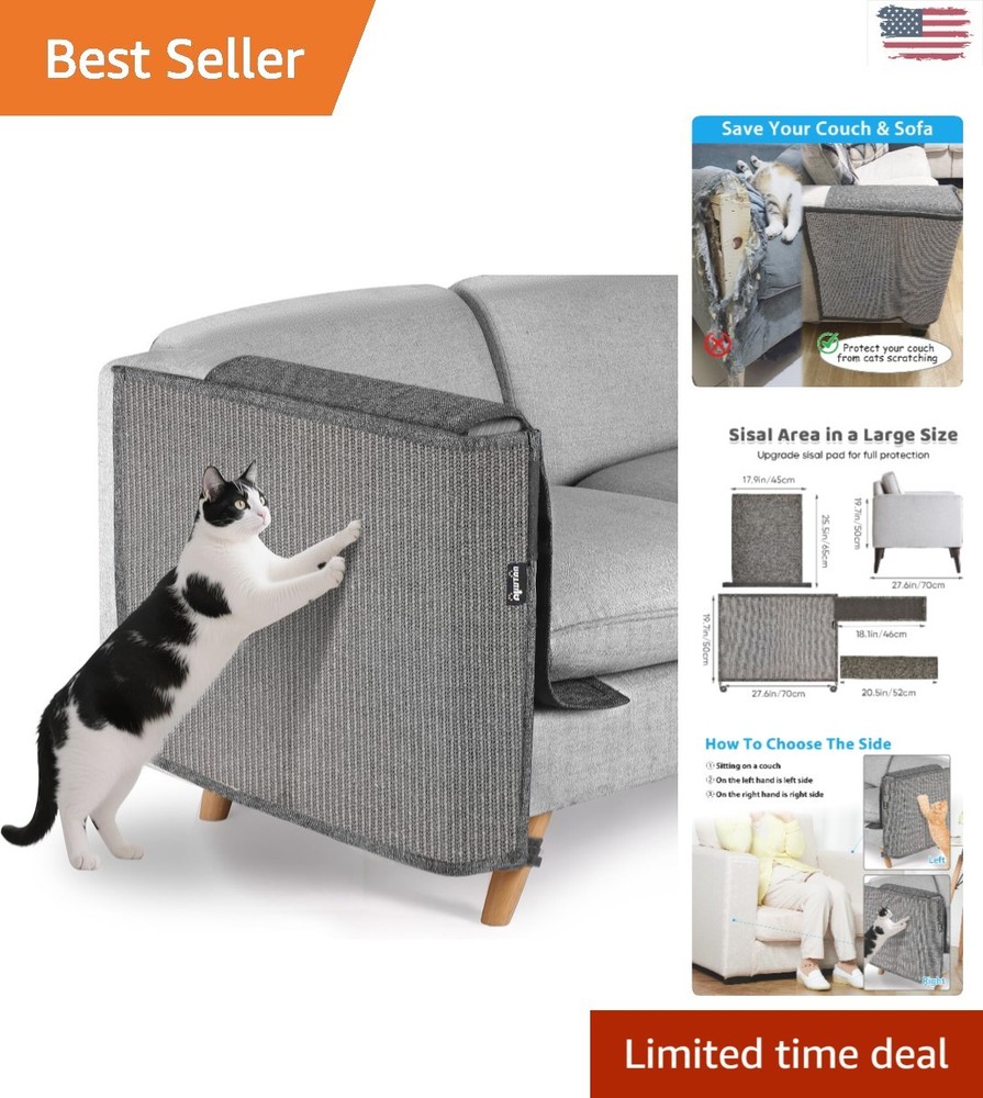 All Gray Cat Scratch Protector - Large Sisal Sofa Arm Shield for Right Side