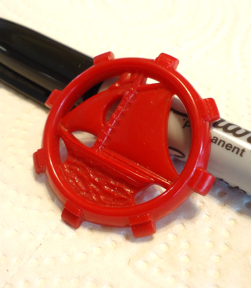 Vintage Red Pierced Plastic Button 1 5/8" SAILBOAT