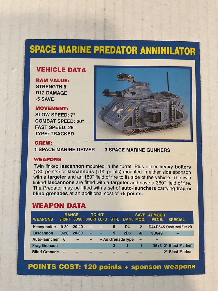 Games Workshop Space Marine Predator Annihilator Vehicle Data Card Warhammer 40K