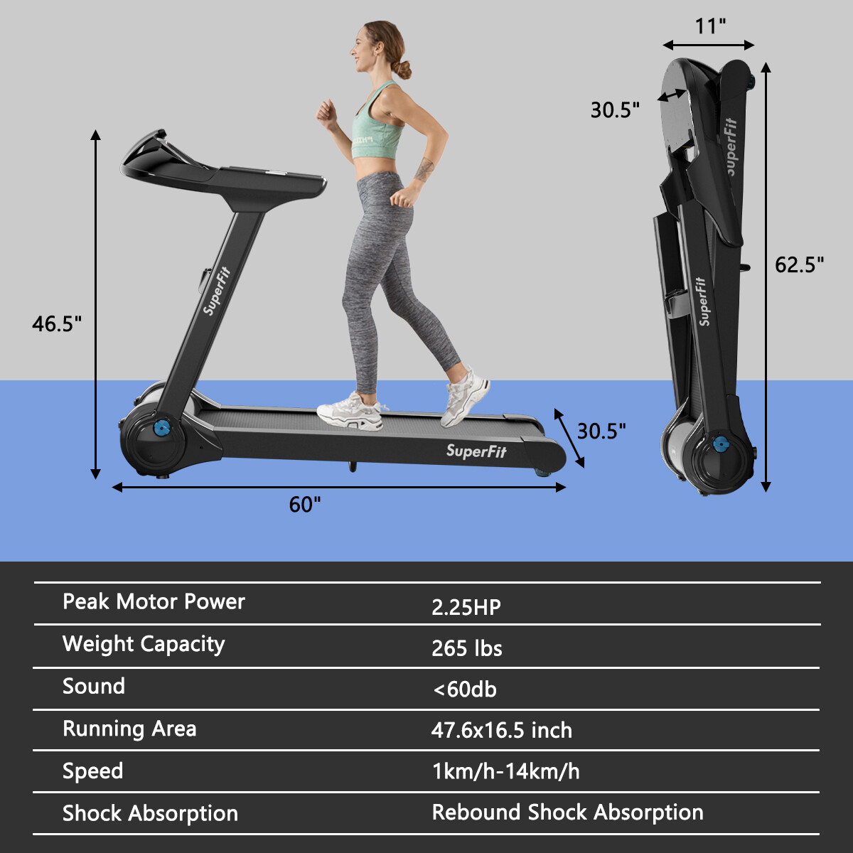 SuperFit 2.25HP Folding Treadmill Running Machine W/APP Control Heart Rate