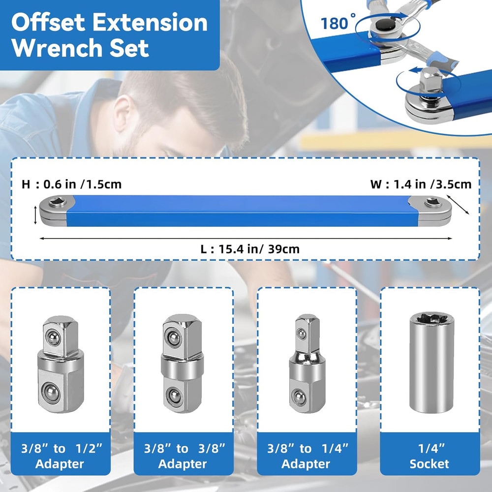 Offset Extension Wrench,15 Inch Impact Ready Socket Wrench Extender Tool Set wit