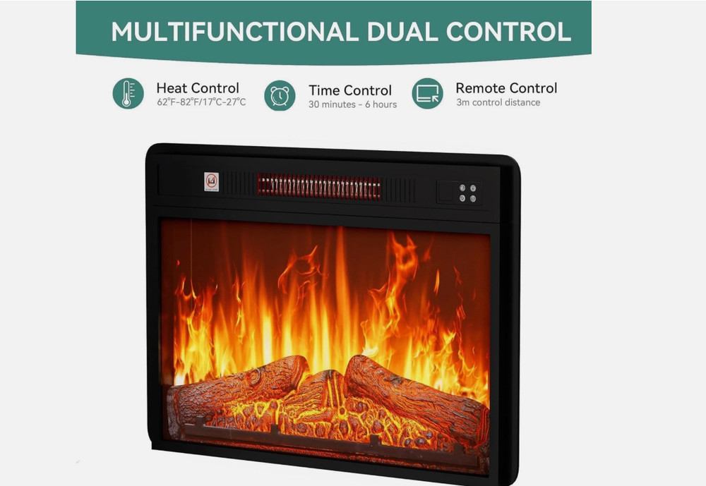 24" Electric Fireplace Insert, Fireplace Heaters with Log Set Remote Control NEW