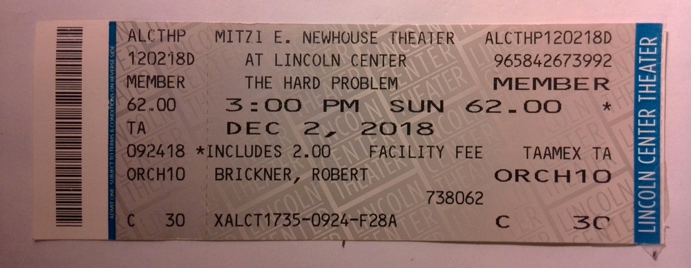 Tom Stoppard's THE HARD PROBLEM Ticket Stub - Jack O'Brien's Final Play 2018
