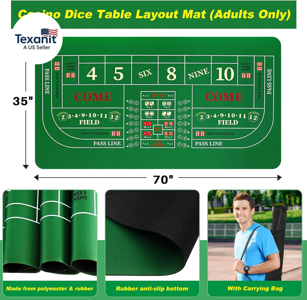 Craps Tabletop Game Set, Includes 35"X70" Rubber Craps Tabletop Layout Mat, Casi