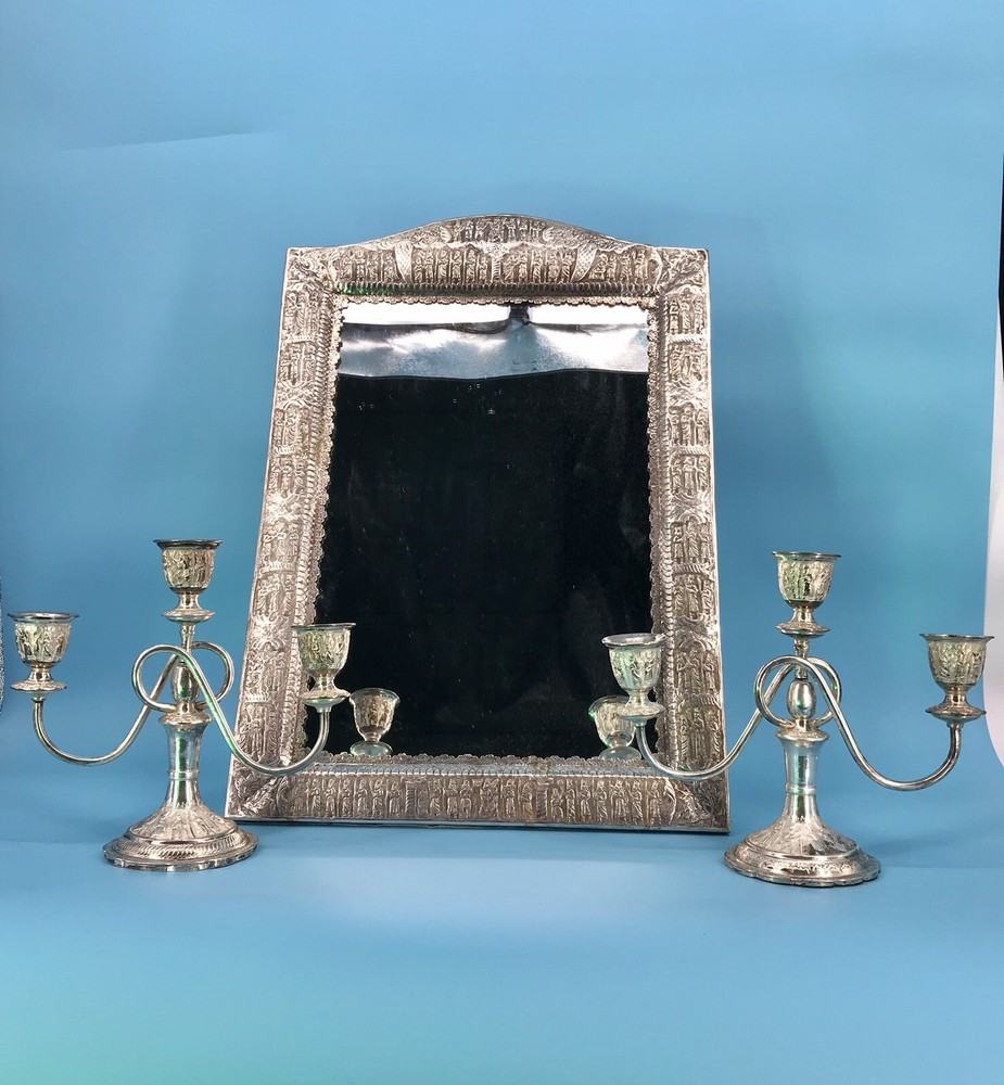 Middle Eastern,carved set Candlestick & Sheet Mirror 84 SOLID Silver 2800 grams