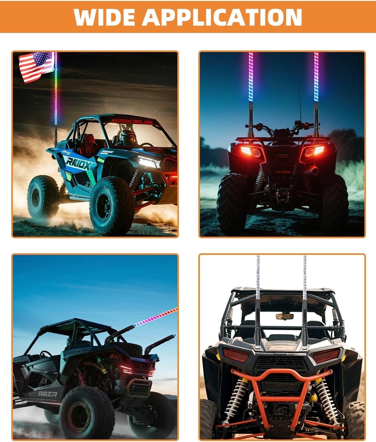 2X LED Spiral Whip Light Spring Base Mount Quick Release Antenna Kit ATV UTV RZR