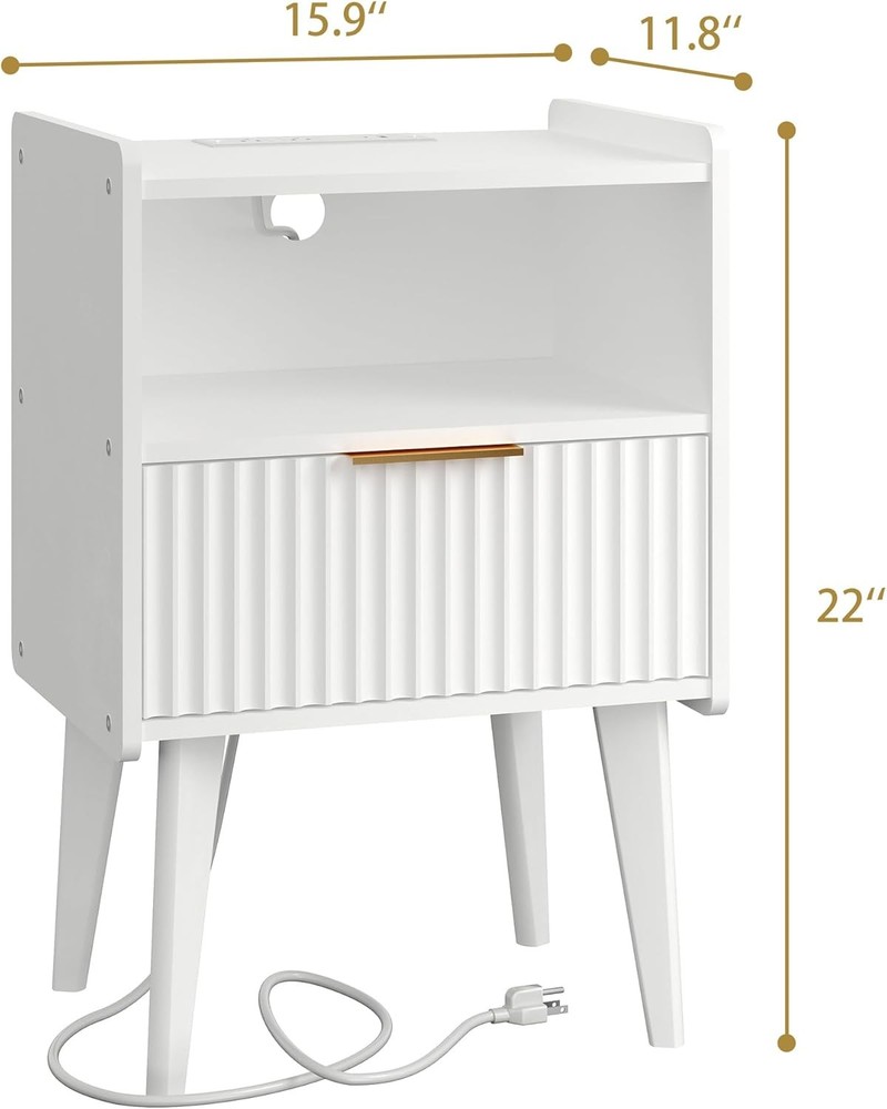 Fluted Nightstand W/ Charging Station Modern Bedside Table W/ Drawer,White