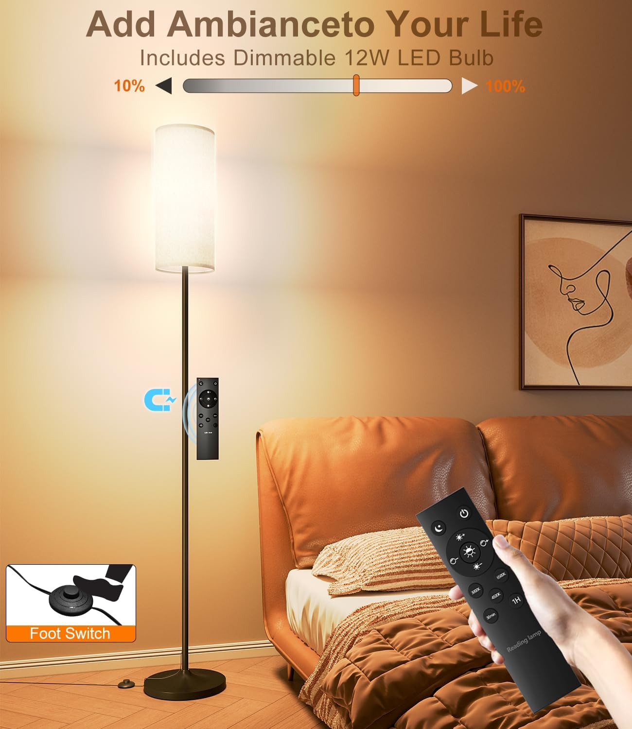LED Floor Lamp for Living Room, Dimmable Standing Lamps with Foot Switch,Remote