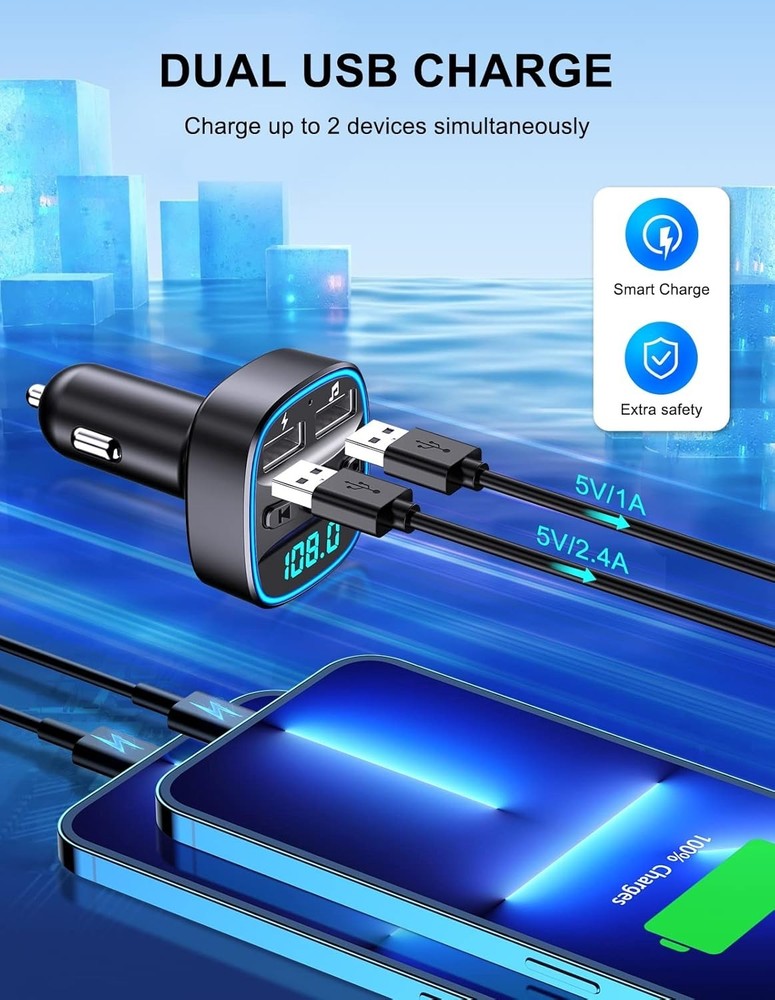 Compact Bluetooth FM Transmitter - Hands-Free Calls & Multi-Device Compatibility