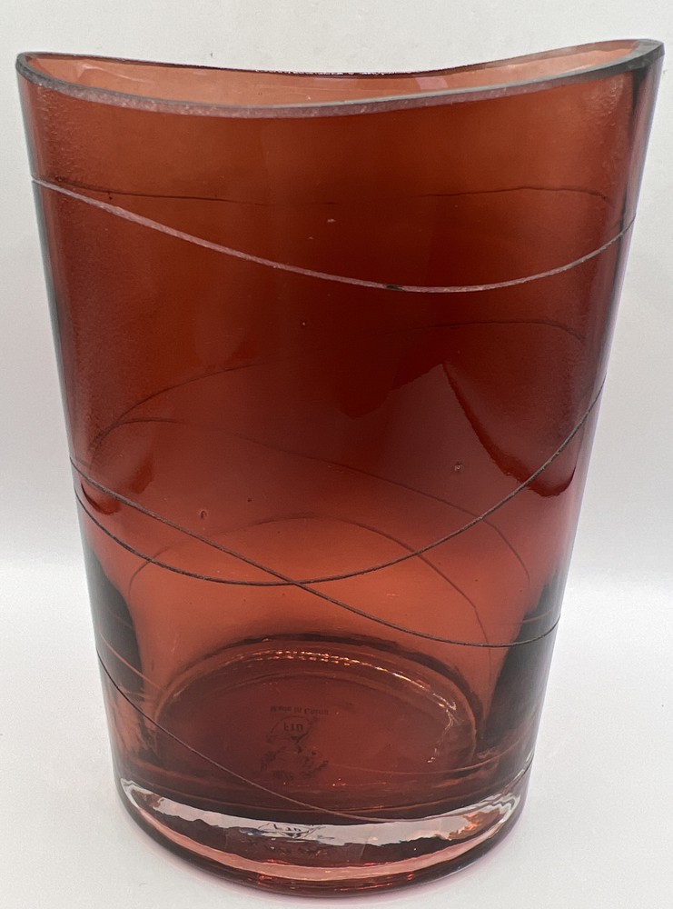 Ruby Red Etched Glass Horizontal Lines Clear Base FTD 7” Oval Top Vase