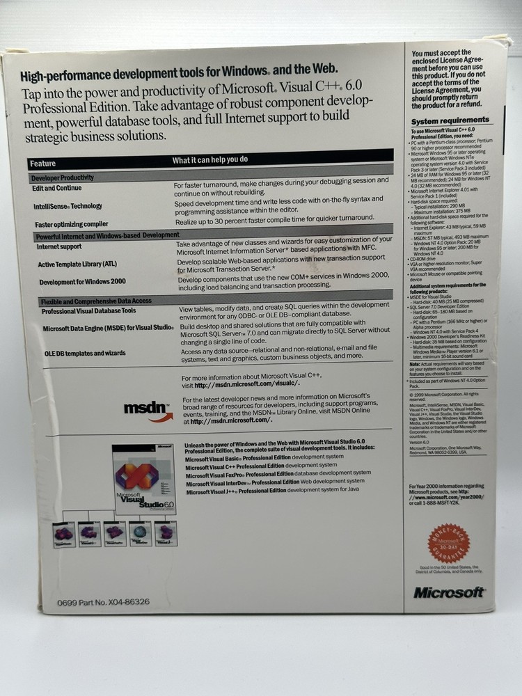 Microsoft Visual C++ 6.0 Professional Edition Big Box CIB Visual Studio Plus Pac