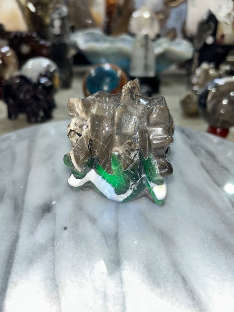 Volcano agate UV reactive Dragon skull carving