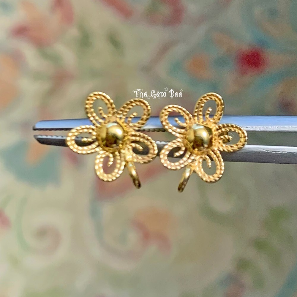 14k Solid Yellow Gold Filigree Fancy Flower Ear Posts With Backs PAIR
