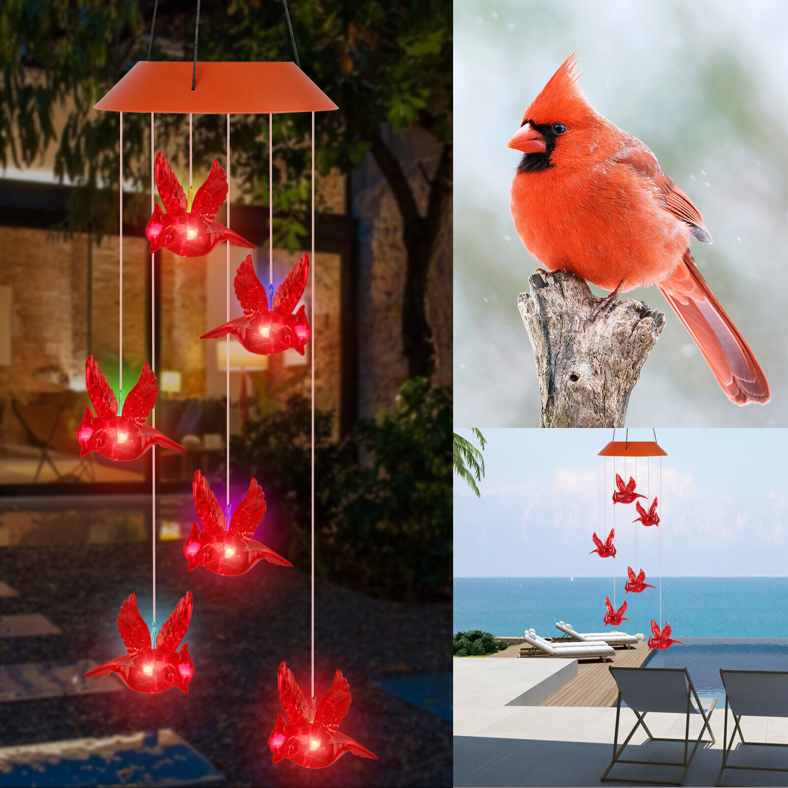 Solar Wind Chime Lights LED Color Changing Hanging Lamp Bird Ball Garden Decor