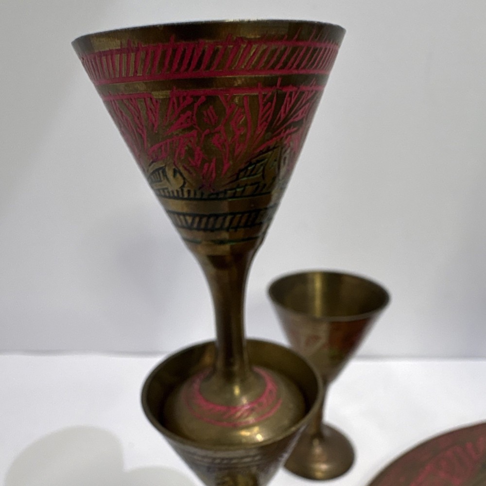 Middle Eastern Brass Coffee Set with Tray, 6 Engraved Colored Goblets, Handmade