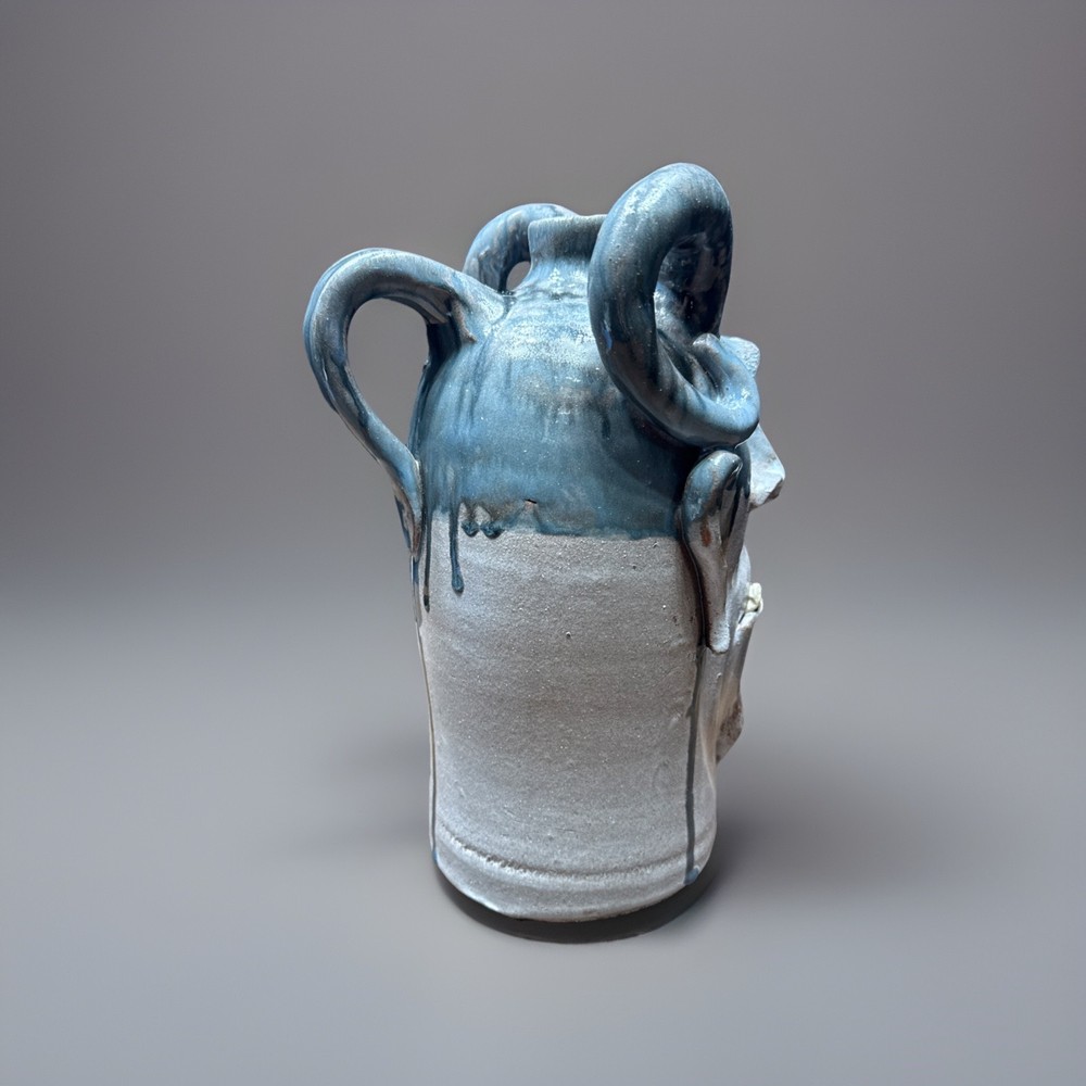 DAL BURTCHAELL Primitive Folk Art Glazed Devil Face Jug Blue Gray Glaze