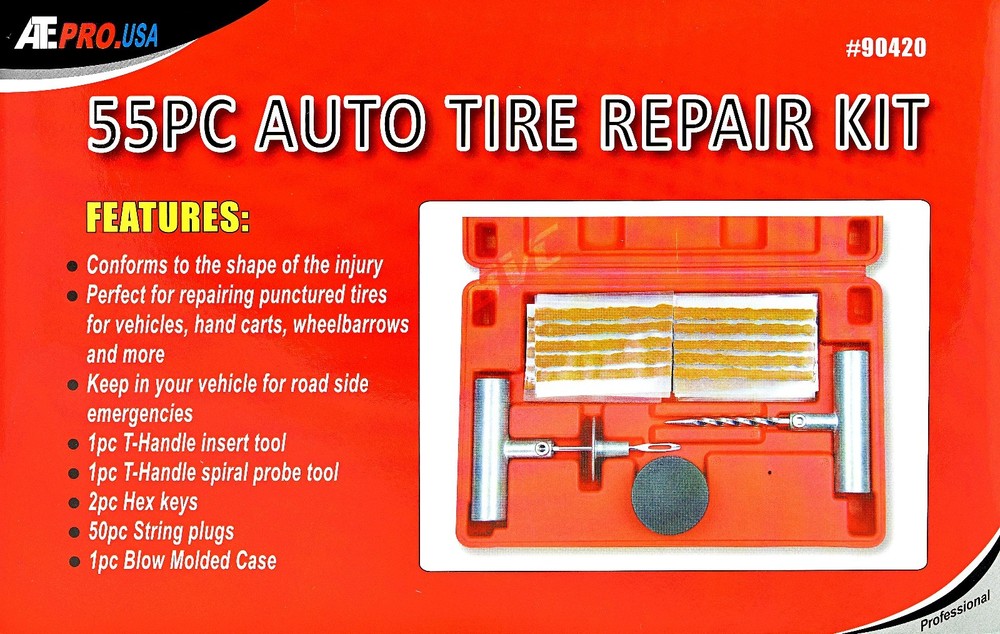 55 PC Flat Punctured Tire Repair Kit - T-Handle Insert & Probe Tool String Plugs