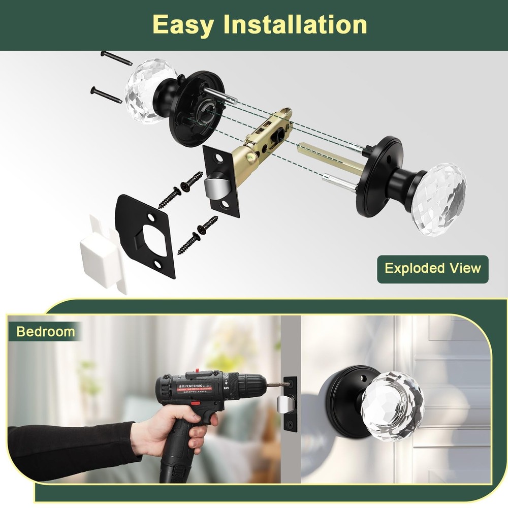 6 Pack Crystal Door Knobs Interior, Elegant Matte Black Glass Door Knobs, Key...