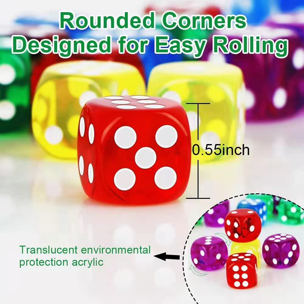 100Pieces Colored Dice Set Standard Bulk Colors Dices Classroom Dice Translucent