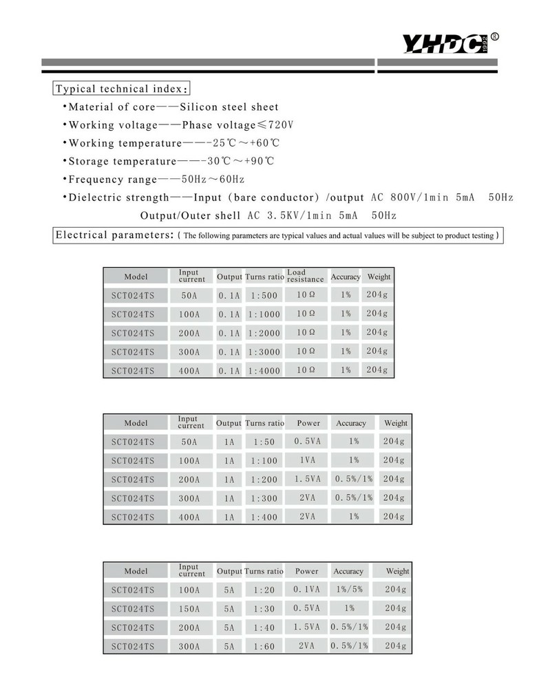 YHDC split core current transformer SCT024TS 300A/5A 1%