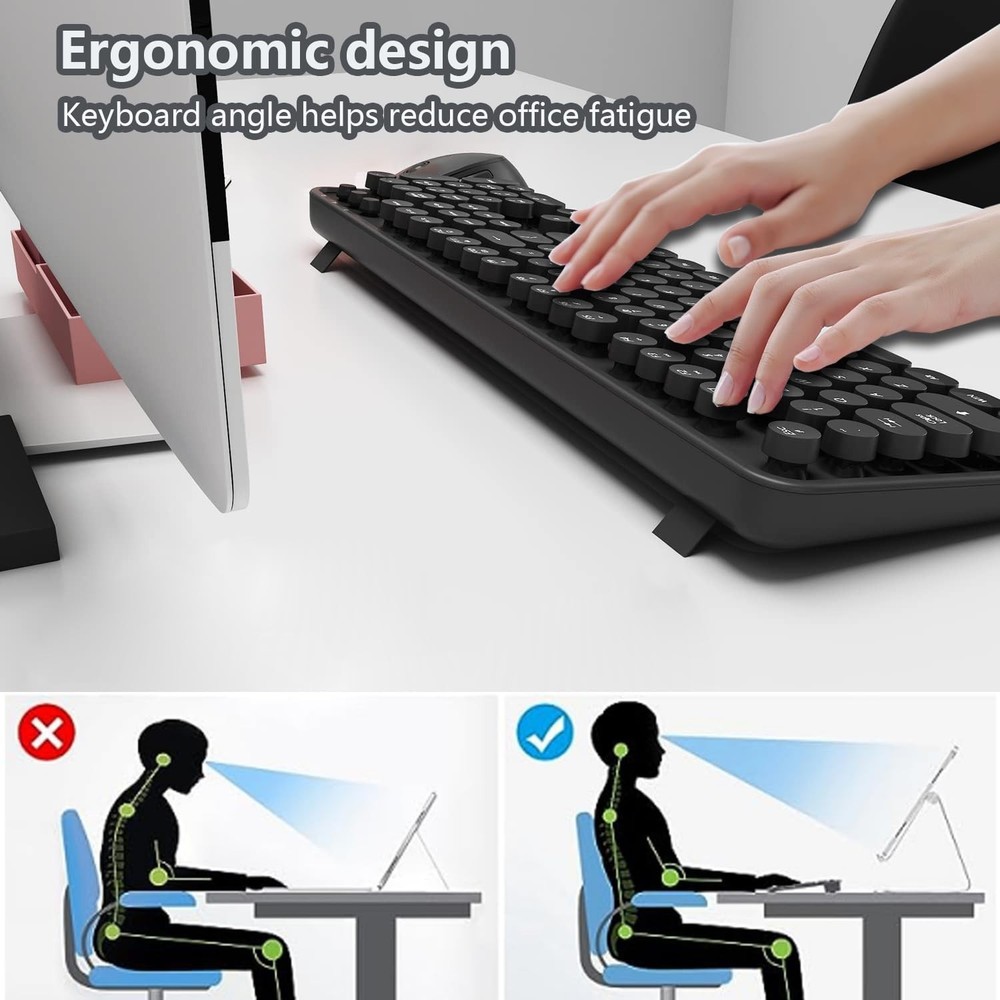 Wireless Keyboard and Mouse Combo, Retro Typewriter Style Keyboard with Round...