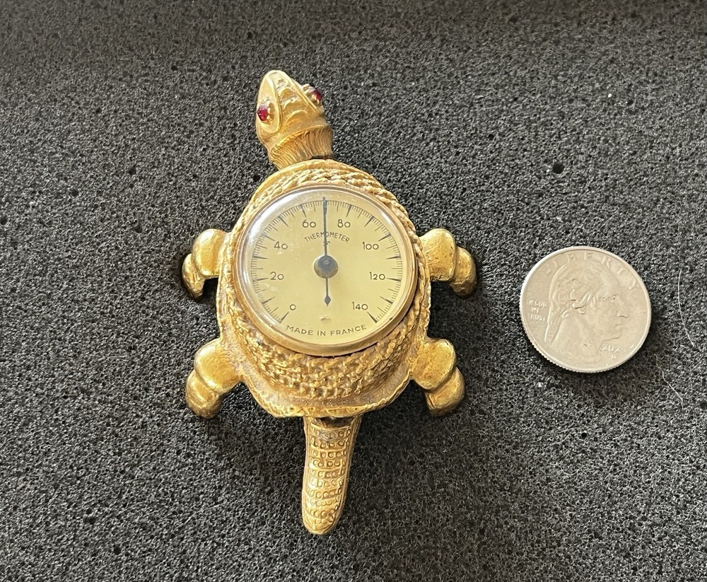 Vintage Moveable Florenza Brass Turtle With Red Ruby Eyes Thermometer Signed