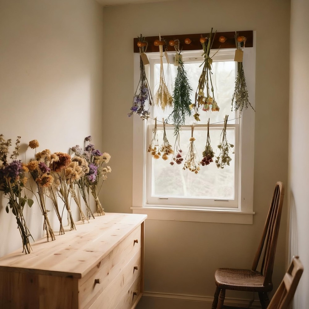 Rustic Hanging Herb Drying Rack–Space-Saving Design Holds 7 Bouquets,Fits Win...