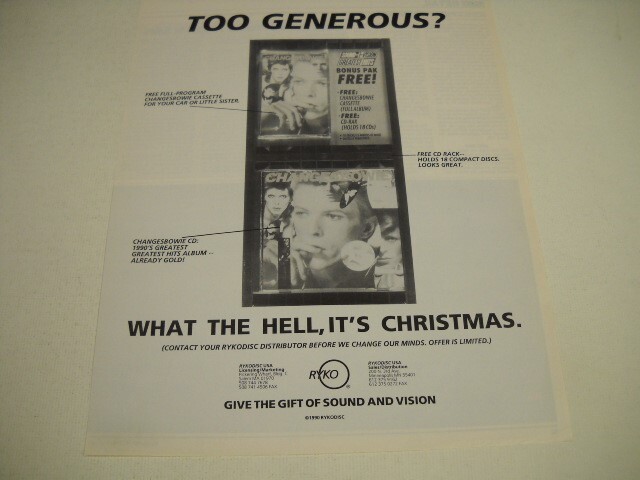 DAVID BOWIE Too Generous? What The Hell - It's Christmas 1990 Promo Display Ad