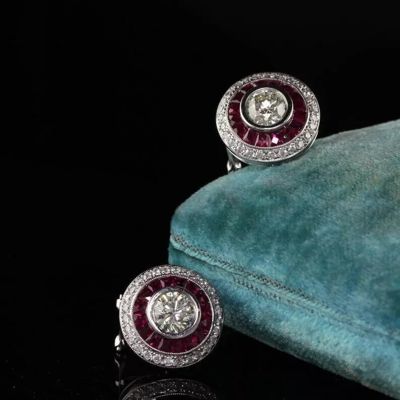 Art Deco Style Round Lab Created Diamond & Ruby Stud Earring 14k White Gold FN
