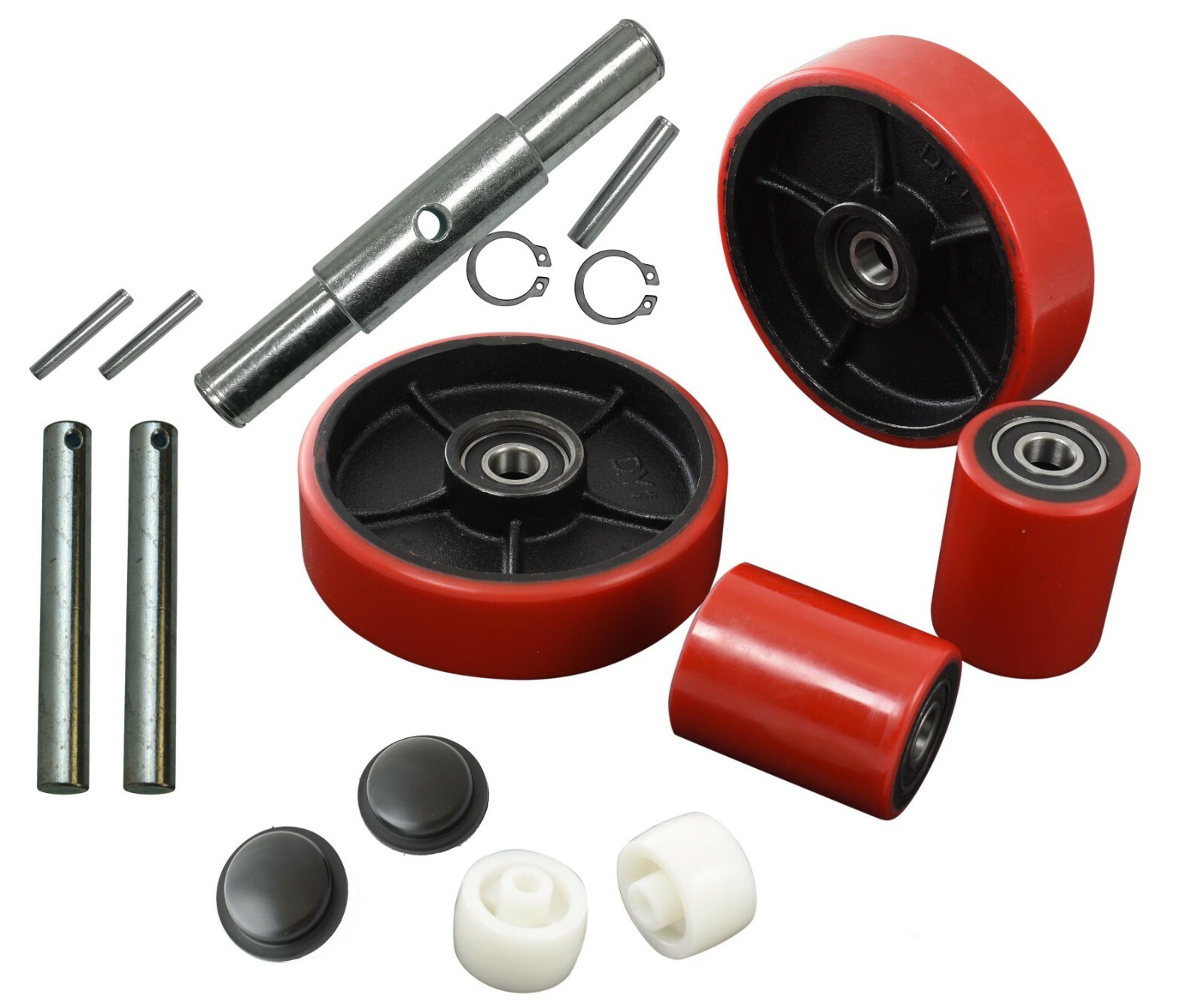 Pallet Jack/Truck Poly Wheels Full Set with Axles, Bearings, Entry Rollers, Caps