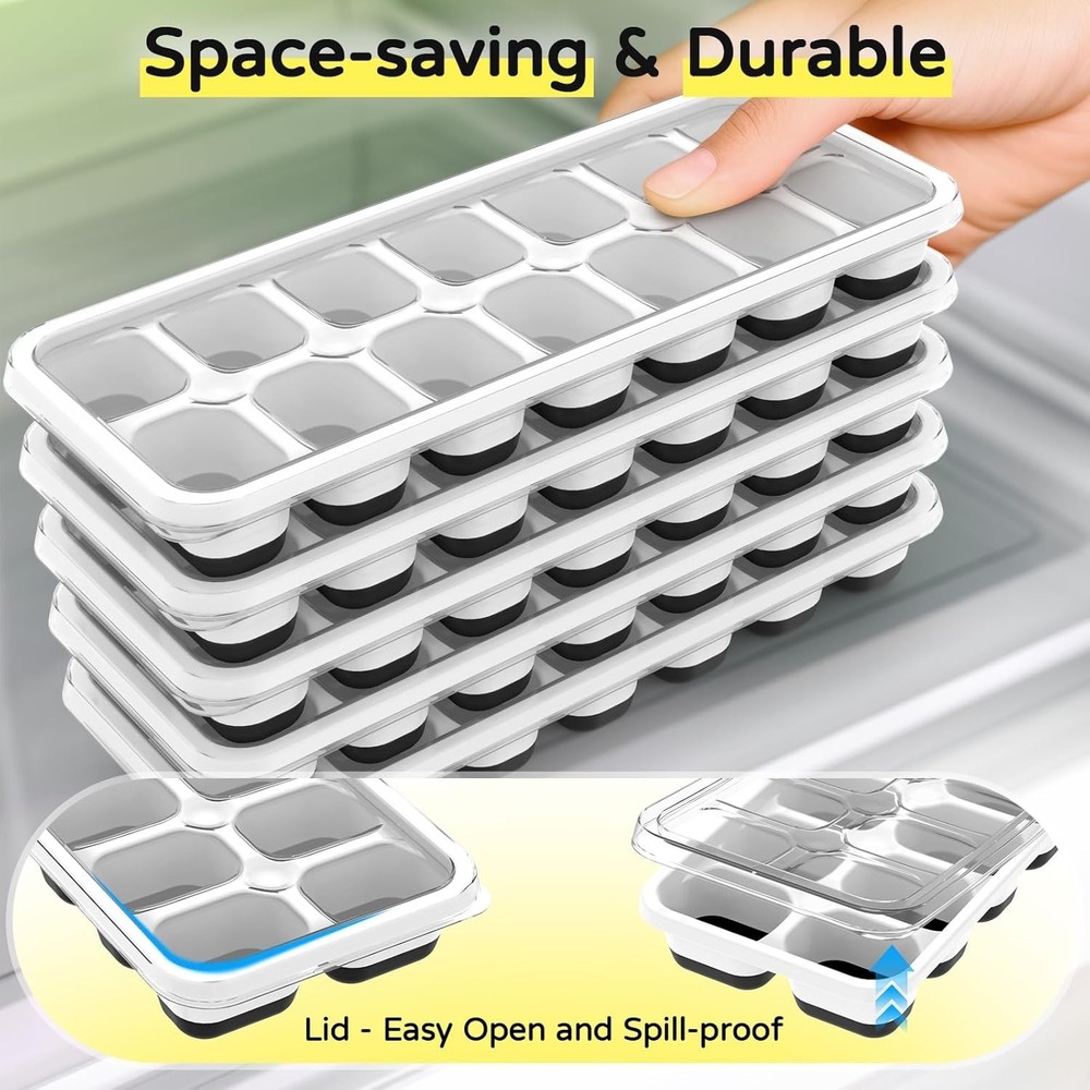 Ice Cube Tray 5 Pack, Stackable Silicone Ice Cube Trays with Lid– Easy Releas...
