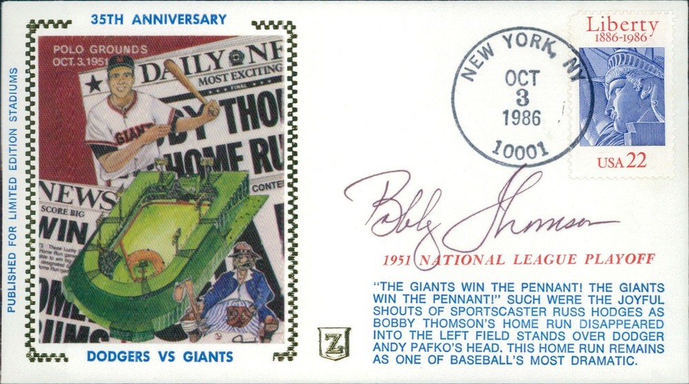 Bobby Thomson Signed Dodgers Giants First Day Issue Cachet JSA Authenticated