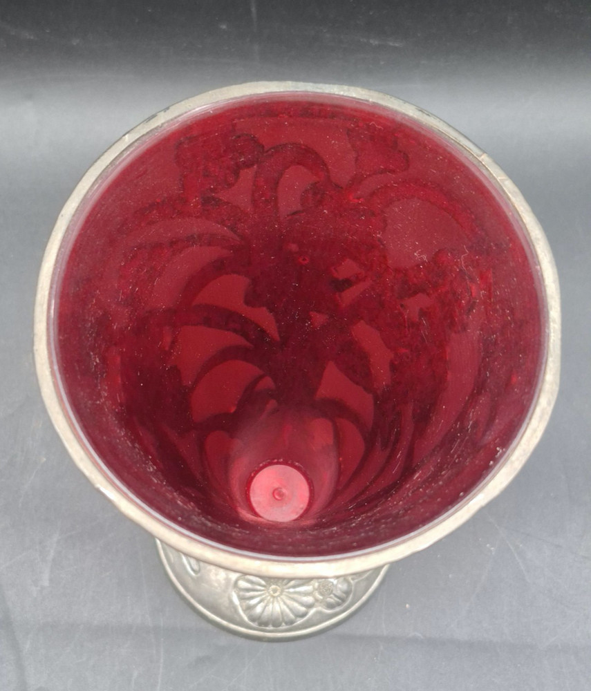 Ruby Red Vase Brass Base Vintage 10" Tall