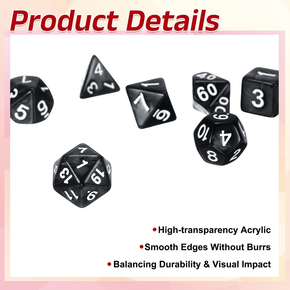 7pcs Polyhedral Dice Set for Role Playing Games, Pearl Pattern Black