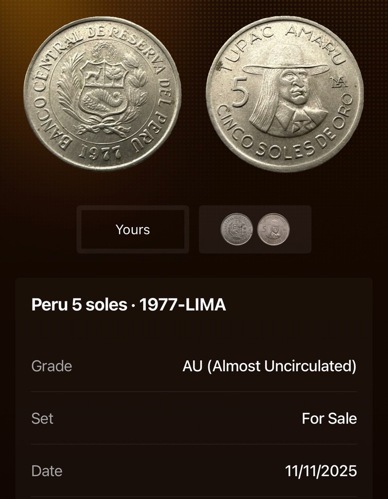 Peru 5 Soles 1977-Lima ~ (AU) Condition