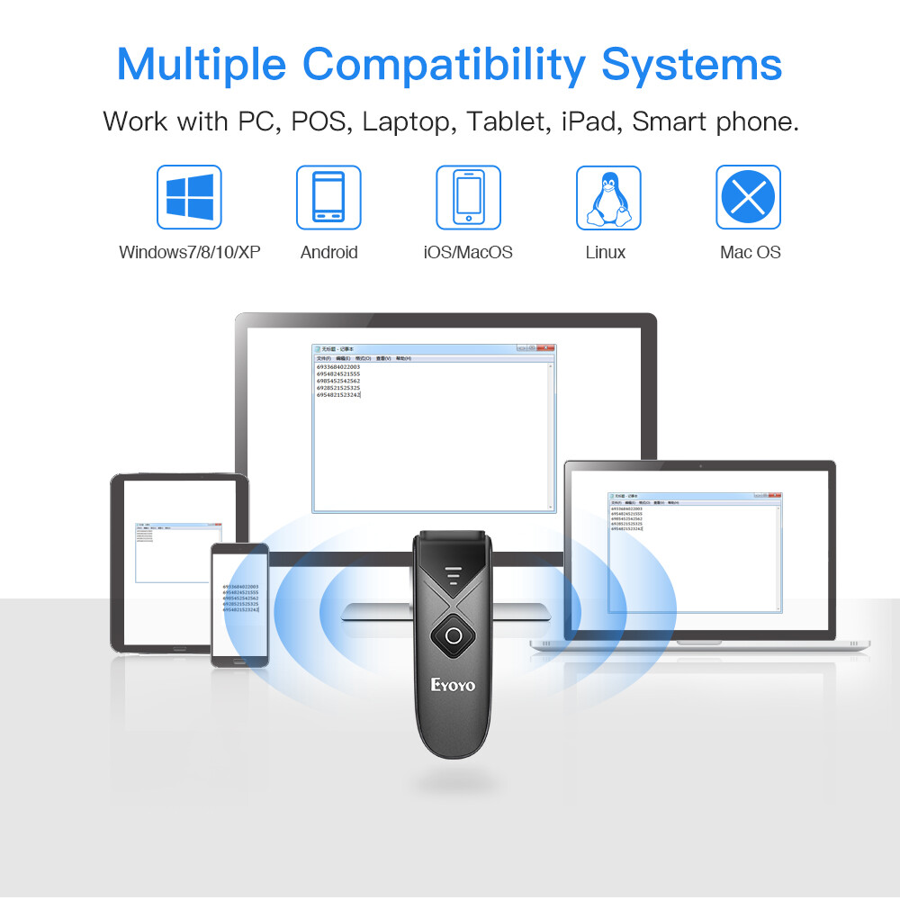 EYOYO Mini Wireless 2D QR Code Barcode Scanner Bluetooth USB Reader for PC Phone